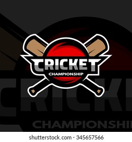 Cricket sports label, badge, emblem. The ball and bat. Dark background.