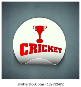 Cricket sports sticker or label with trophy and text cricket on grey background.