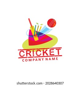 Cricket Sports Vector Illustrative Logo Including Cricket Bat, Ball, Stumps, Bells and with a Colorful Visual Appearance.