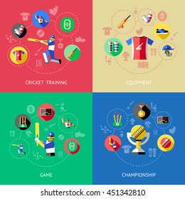 Cricket square icon set with descriptions of cricket training equipment game and championship vector illustration
