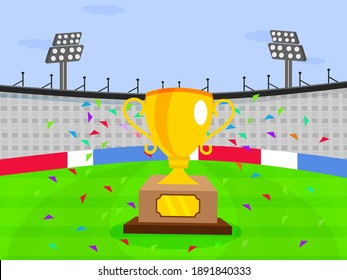Cricket Stadium Background With Winning Trophy Illustration.