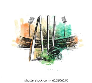 Cricket stadium with ball bell freehand sketch graphic design, vector illustration 