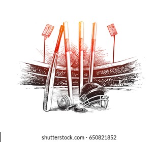 Cricket stadium with ball bell freehand sketch graphic design, vector illustration 