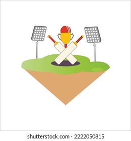 Cricket stadium and bats between it and trophy behind it light on sides