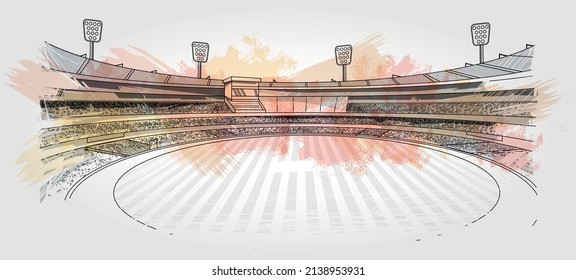 Cricket stadium line drawing illustration vector. Playground sketch with colorful brush stroke.