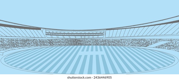 Cricket Stadium Linie Zeichnung Illustrationsvektor. Spielplatzskizze mit Pinselstrich. Fußballstadion mit Beleuchtung. Fußballstadion überfüllt. 