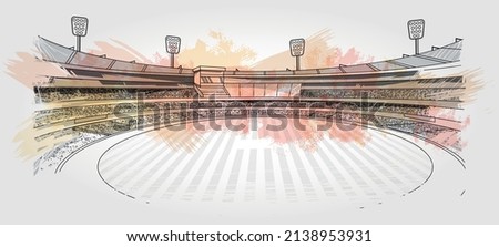 Cricket stadium line drawing illustration vector. Playground sketch with colorful brush stroke.