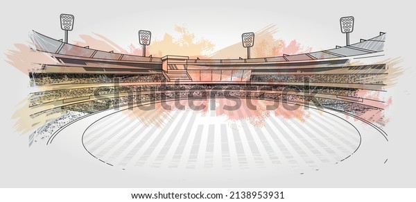 Cricket stadium line drawing\
illustration vector. Playground sketch with colorful brush\
stroke.