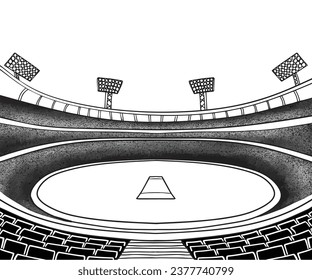 Cricket stadium line illustration vector drawing. sports ground background sketch in black and white