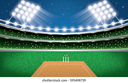 Cricket Stadium with Neon Lights. Arena. Vector Illustration.