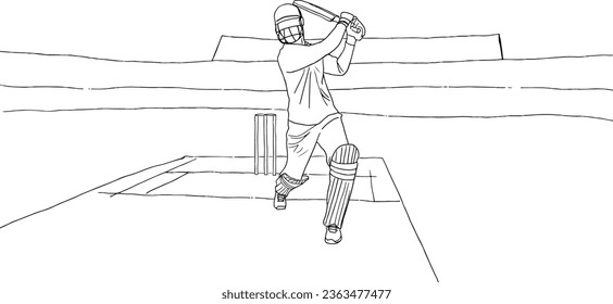 El estadio de críquet delineado con la acción posan el contorno del jugador de cricket bateador en vector e ilustración.