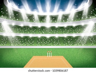 Cricket Stadium with Spotlights. Vector Illustration.