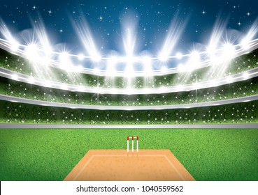 Kricketstadion mit Spotlights. Vektorgrafik.