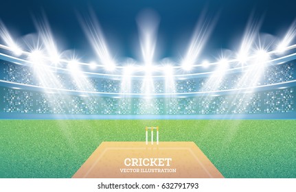 Cricket Stadium with Spotlights. Vector Illustration.