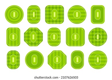 Cricket stadium top view. Different types of cricket ground fields with pitch. Green sport courts. Vector flat icon set. Isolated objects on white background