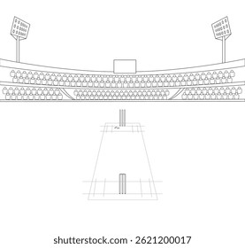 Cricket stadium vector illustration, Hand drawing line art cricket field, Sketch playground, Cricket stadium with illumination, Largest Cricket Stadium, Sports Line art vector design,  Crowded stadium