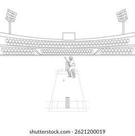 Cricket stadium vector illustration, Hand drawing line art cricket field, Sketch playground, Cricket stadium with batsman, Largest Cricket Stadium, Sports Line art vector design, Crowded stadium.