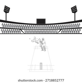 Cricket Stadion, Vektorgrafik, Handzeichnung Linie Kunst Cricket Feld, Skizze Spielplatz, Cricket Stadion mit Batsman, Größte Cricket Stadium, Sport Linie Kunst Vektordesign, Gedrängtes Stadion.