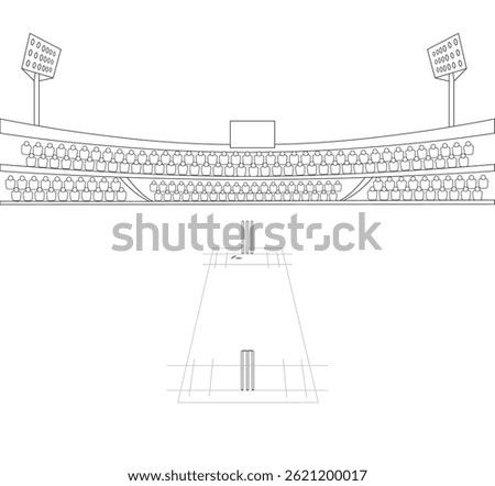 Cricket stadium vector illustration, Hand drawing line art cricket field, Sketch playground, Cricket stadium with illumination, Largest Cricket Stadium, Sports Line art vector design,  Crowded stadium