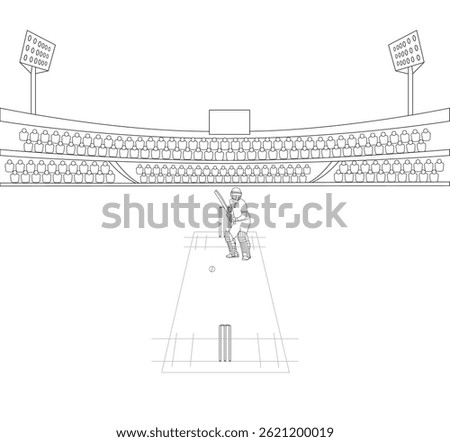 Cricket stadium vector illustration, Hand drawing line art cricket field, Sketch playground, Cricket stadium with batsman, Largest Cricket Stadium, Sports Line art vector design, Crowded stadium.