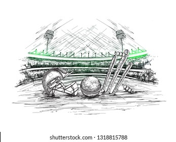 Cricket stadium view with illustration of cricket helmet, ball and stumps in hand drawn style for Cricket tournament poster or banner design.