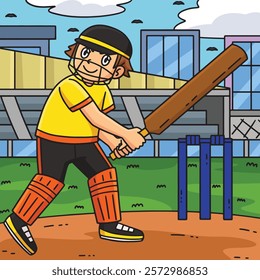 Cricket Striker Getting Ready Colored Cartoon 