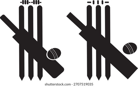 Conjunto de iconos de muñones y fianzas de cricket, equipo de cricket que incluye un bate, pelota, fianzas y muñones, icono de palo Diseño plano, ilustraciones deportivas Ilustración vectorial de silueta