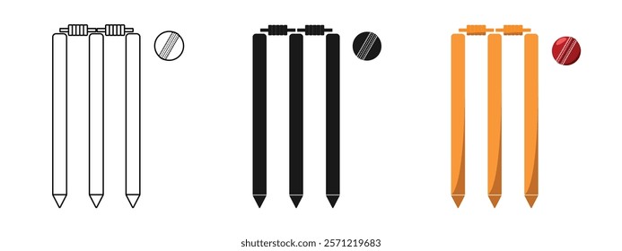 cricket stumps set design, line style, solid and colored, editable vector eps 10.