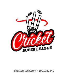 Cricket Super League logo. Cricket Tournament vector logo. Ball and bails wickets illustration. Cricket T-shirt logo design template. 