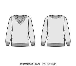 Cricket Sweater technical fashion illustration with stripes, rib V-neck, long sleeves, oversized, hip length, knit cuff trim. Flat apparel front, back, grey color style. Women, men unisex CAD mockup