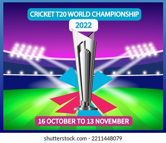 Cricket T20 world championship trophy with stadium background