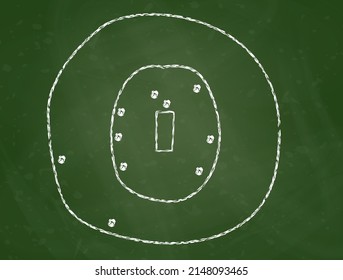 Cricket-Taktik-Board. Strategischer Spielplan auf der grünen Tafel. Skizze mit Trainerlernanweisungen für Teamspieler. Vektorgrafik. Sportprogramm. Handgezeichnete Skizze