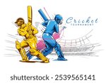 Cricket Tournament Banner Design. Hand drawing Vector Illustration of Two Batsmen in Action Hitting the Ball