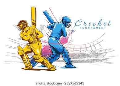 Diseño de Anuncio de Torneo de Cricket. Dibujo a mano Ilustración vectorial de dos bateadores en acción golpeando la pelota