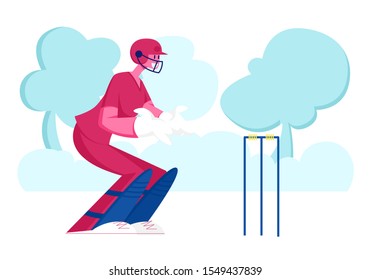 Cricket Tournament, Competition Outdoors Activity and Sports Event. Young Smiling Sportsman Cricketer Catcher Player Stand in Position for Catching Ball Batsman Hit. Cartoon Flat Vector Illustration