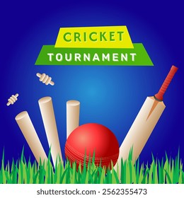 Cricket tournament concept with bat, stumps and red ball background