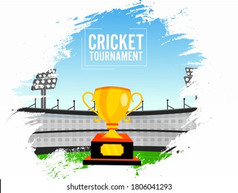 Cricket Tournament Concept with Trophy Cup on Abstract Brush Stroke Effect Stadium View Background.