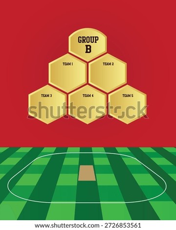 Cricket Tournament Group B Teams Vector Illustration with Pitch Layout and Red Background