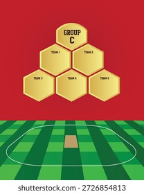 Disposição da fase do grupo do torneio de críquete, equipes competindo em um fundo verde vibrante