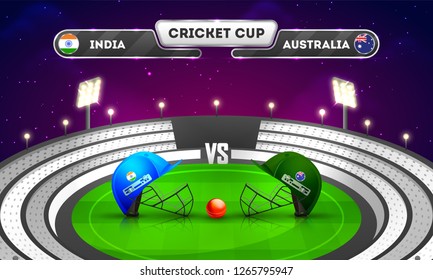 Cricket tournament, India vs Australia match banner design, cricket attire helmets with winning trophy on night stadium background.