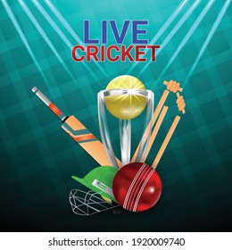 Cricket tournament match concept with stadium and cricket equipment