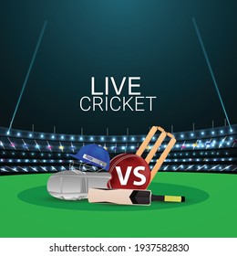 	
Cricket tournament match concept with stadium and cricket equipment