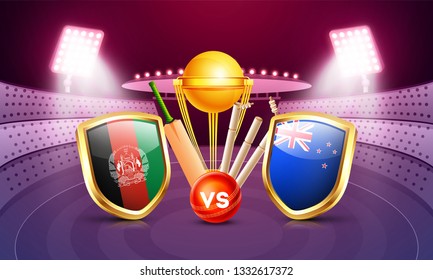 Cricket tournament participant country Afghanistan vs New Zealand with illustration of cricket equipment on night stadium view background.