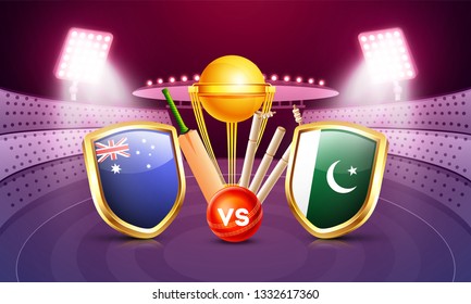 Cricket tournament participant country Australia vs Pakistan with illustration of champion trophy, cricket bat and ball on night stadium view background. 