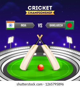 Cricket Tournament Participant Country India Vs Bangladesh With Illustration Of Cricket Equipments On Night Stadium Background.