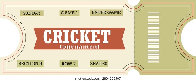 A cricket tournament ticket with a red banner on a gray background, including details like section, row, seat, game, and day.