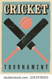 Diseño de afiches tipo grunge tipográfico de torneo de críquet. Ilustración vectorial retro.