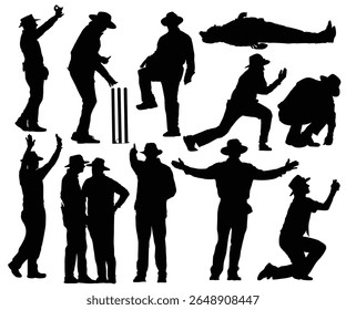 Cricket umpire decision silhouette. Cricket umpire signals silhouette, out, leg-bye, no-ball, boundary 6, boundary 4, wide. cricket funny moment silhouette, icon, logo, vector illustration. 