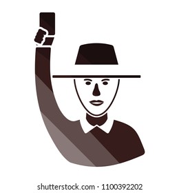 Cricket umpire with hand holding card icon. Flat color design. Vector illustration.