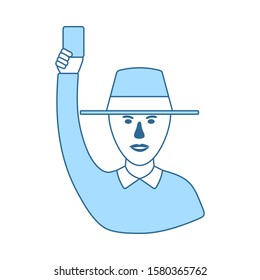 Cricket Umpire With Hand Holding Card Icon. Thin Line With Blue Fill Design. Vector Illustration.
